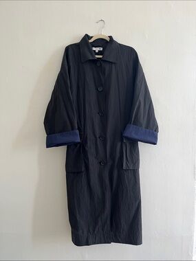 JW ANDERSON for Uniqlo, Black Nylon Trench Coat with Navy Cuff Trim